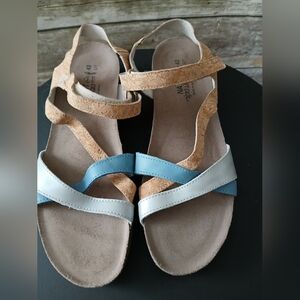 Naot Cork and Blue leather, strappy Sandals
